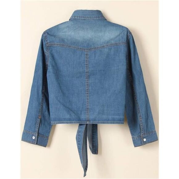 Women's Denim Crop Top Roll Up 3/4 Sleeve Shirt Tie Front Knot Chambra - Picture 2 of 7